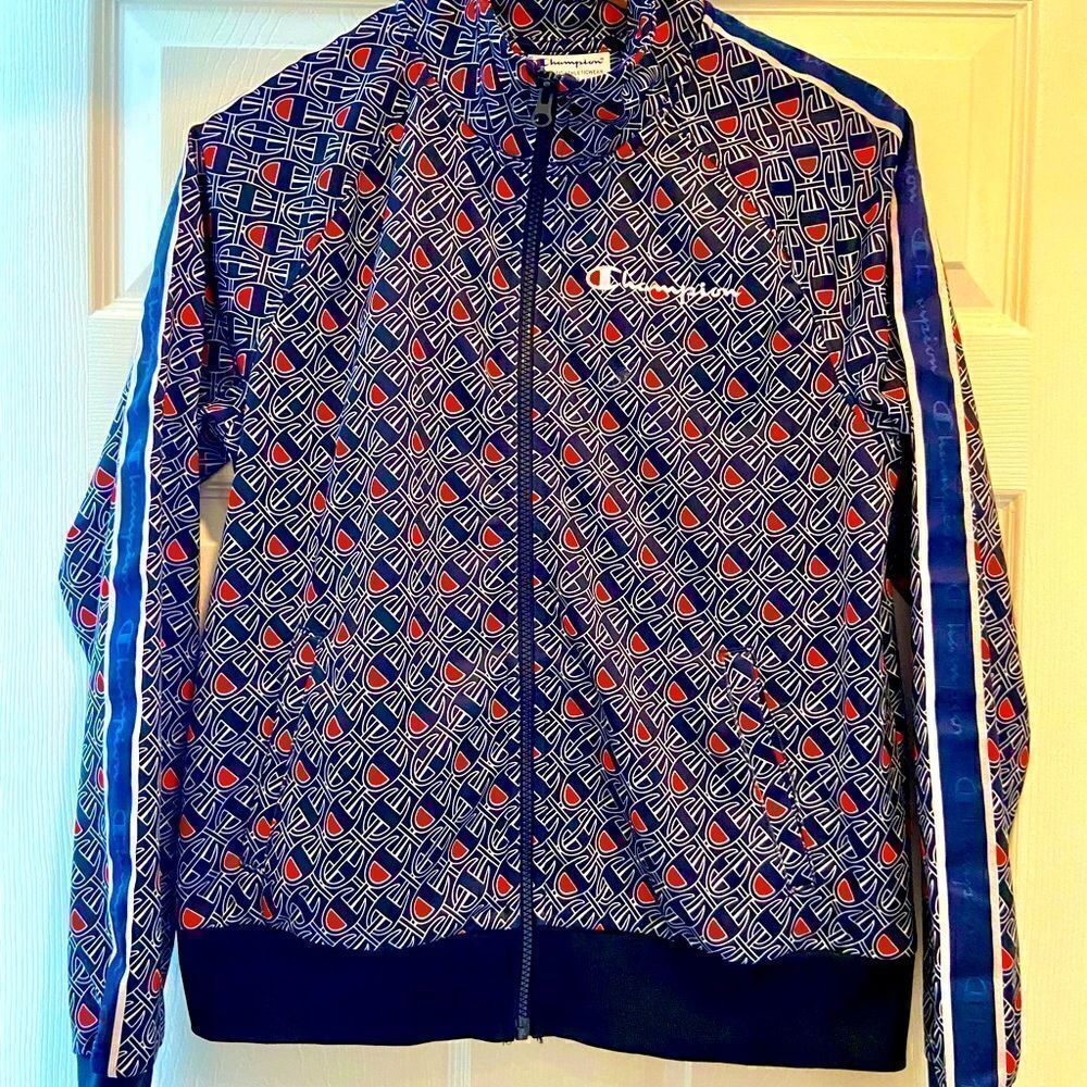 Champion Allover Logo Blue Zip Up Track Jacket Size Medium. Worn On TV Show